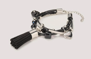 3104159 Black Leather Cord Bracelet With Charms