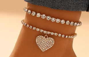 3104129 Heart and Rhinestone Anklet Set